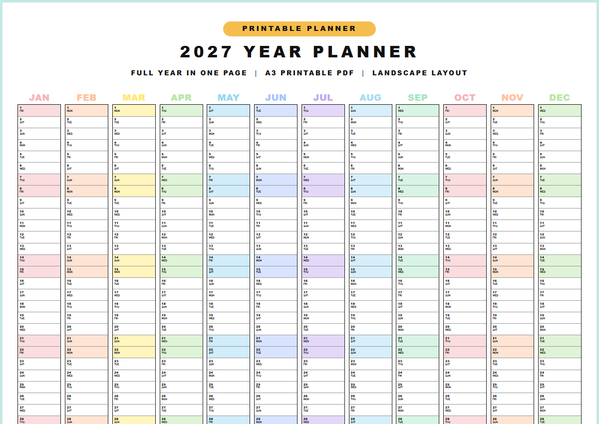 2027 yearly calendar template minimalist landscape planner A3 printable PDF preview