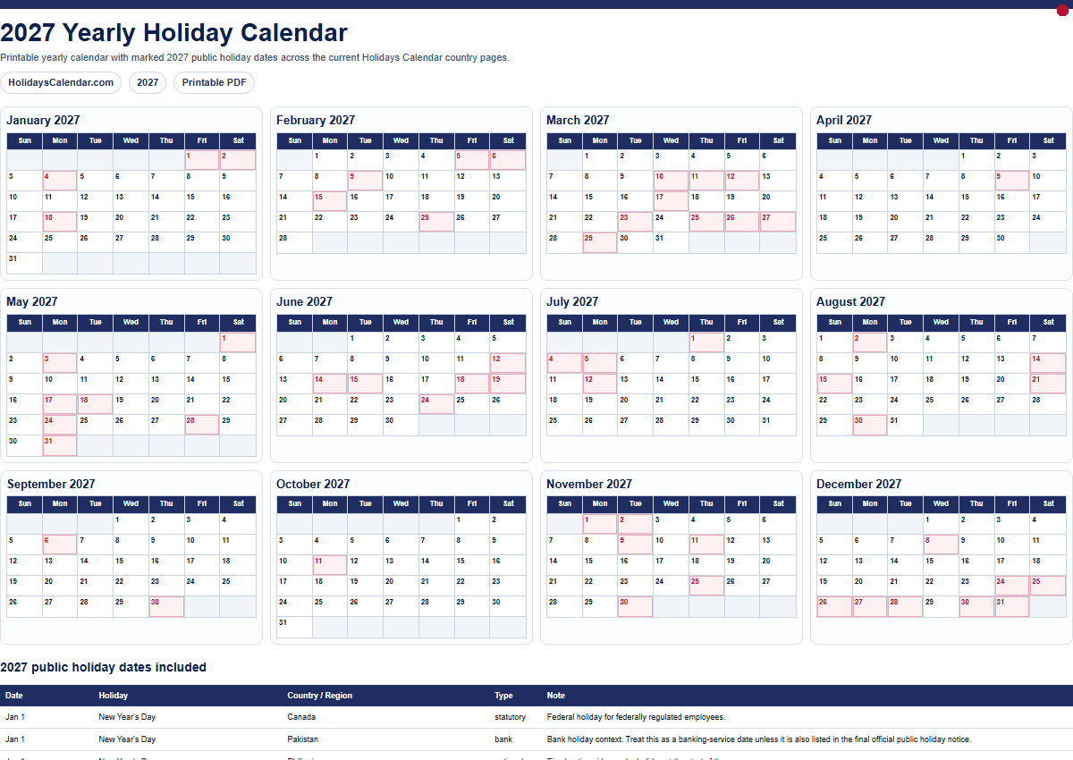 2027 yearly holiday calendar PDF preview