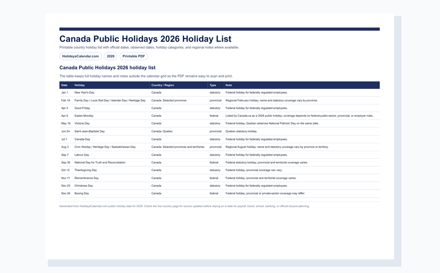 Canada Public Holidays 2026 holiday list PDF preview