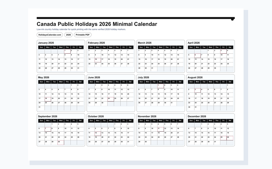 Canada Public Holidays 2026 minimal calendar PDF preview