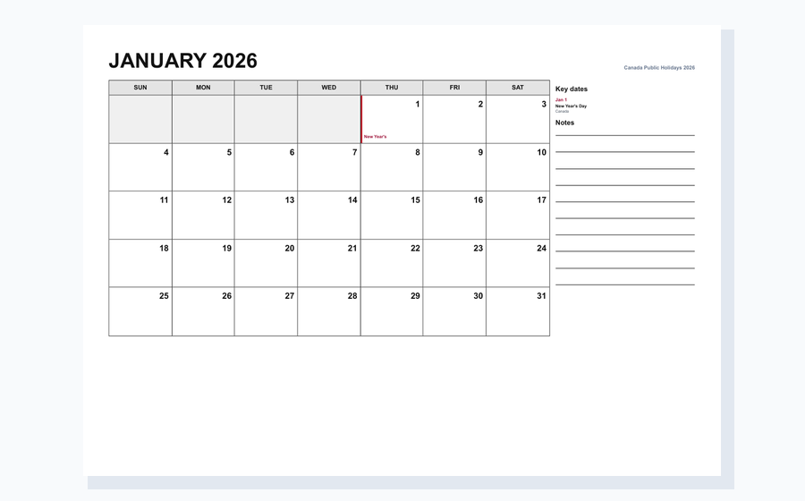 Canada 2026 monthly planner calendar PDF preview