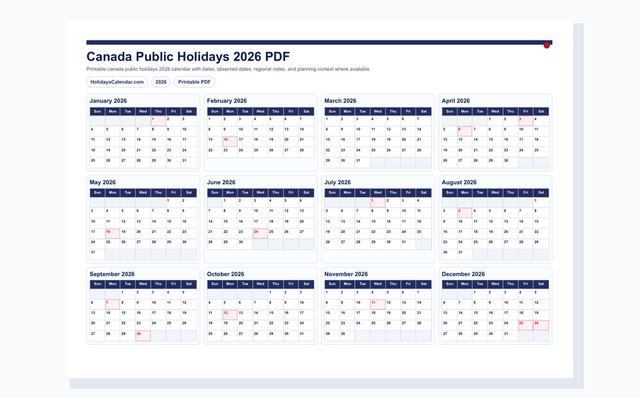 Canada Public Holidays 2026 PDF preview