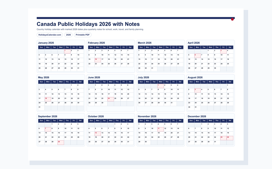 Canada Public Holidays 2026 with notes PDF preview