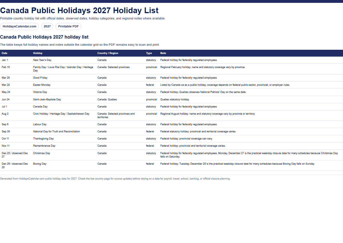 Canada Public Holidays 2027 holiday list PDF preview