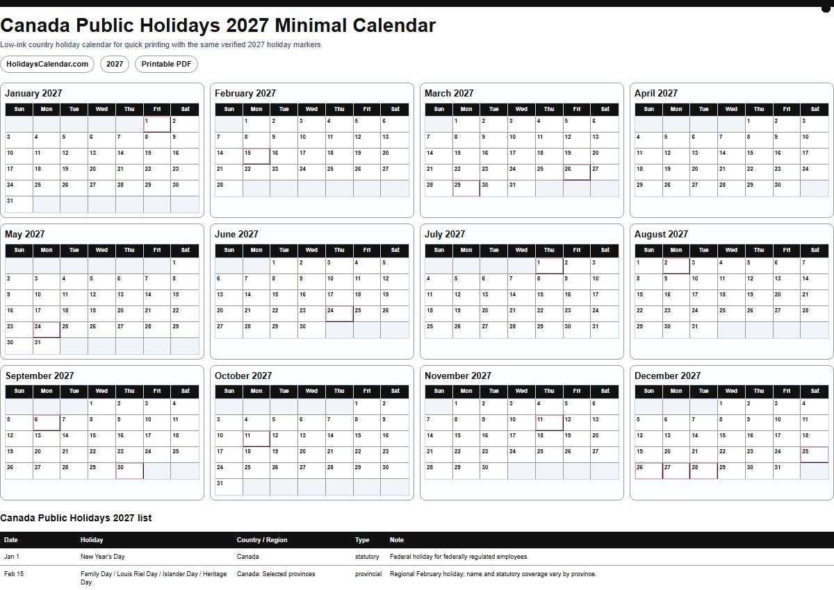 Canada Public Holidays 2027 minimal calendar PDF preview