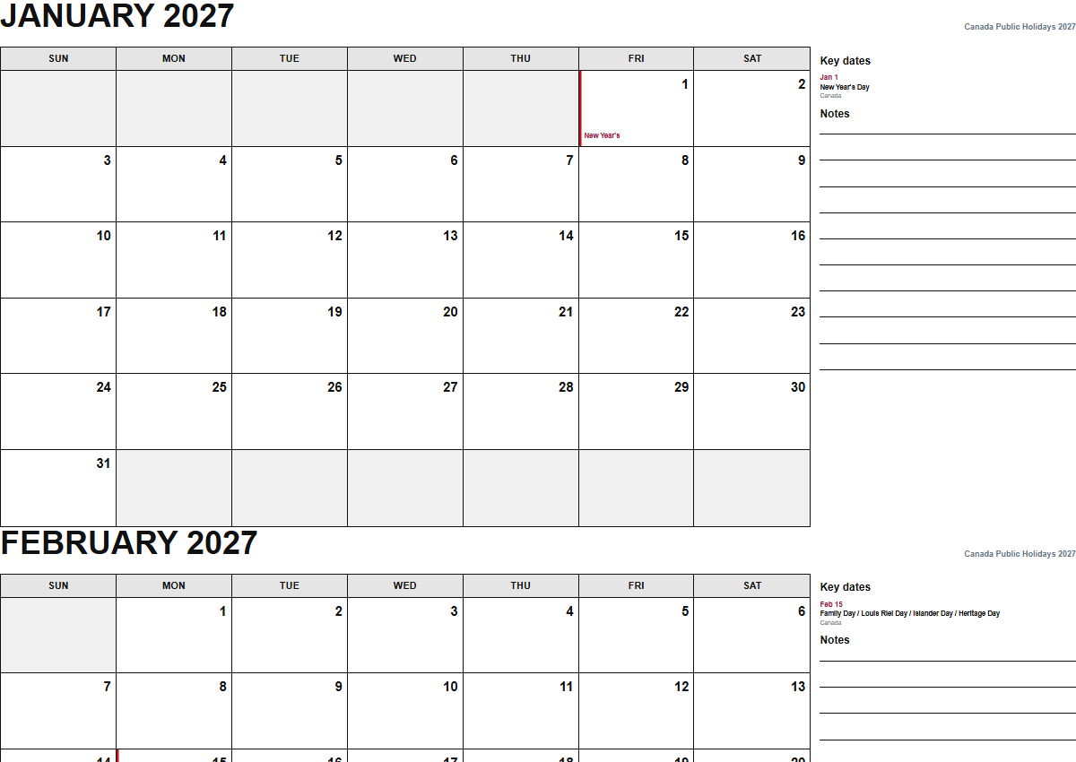 Canada 2027 monthly planner calendar PDF preview