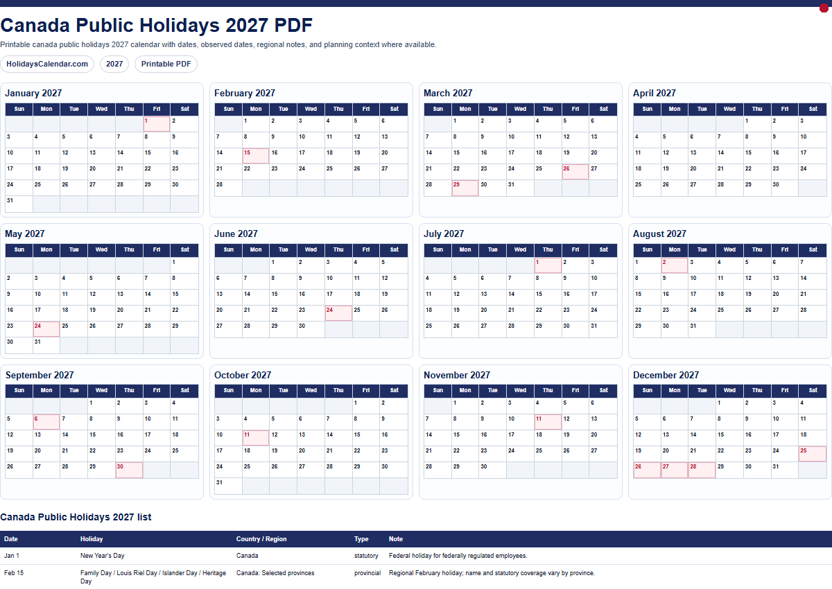 Canada Public Holidays 2027 PDF preview