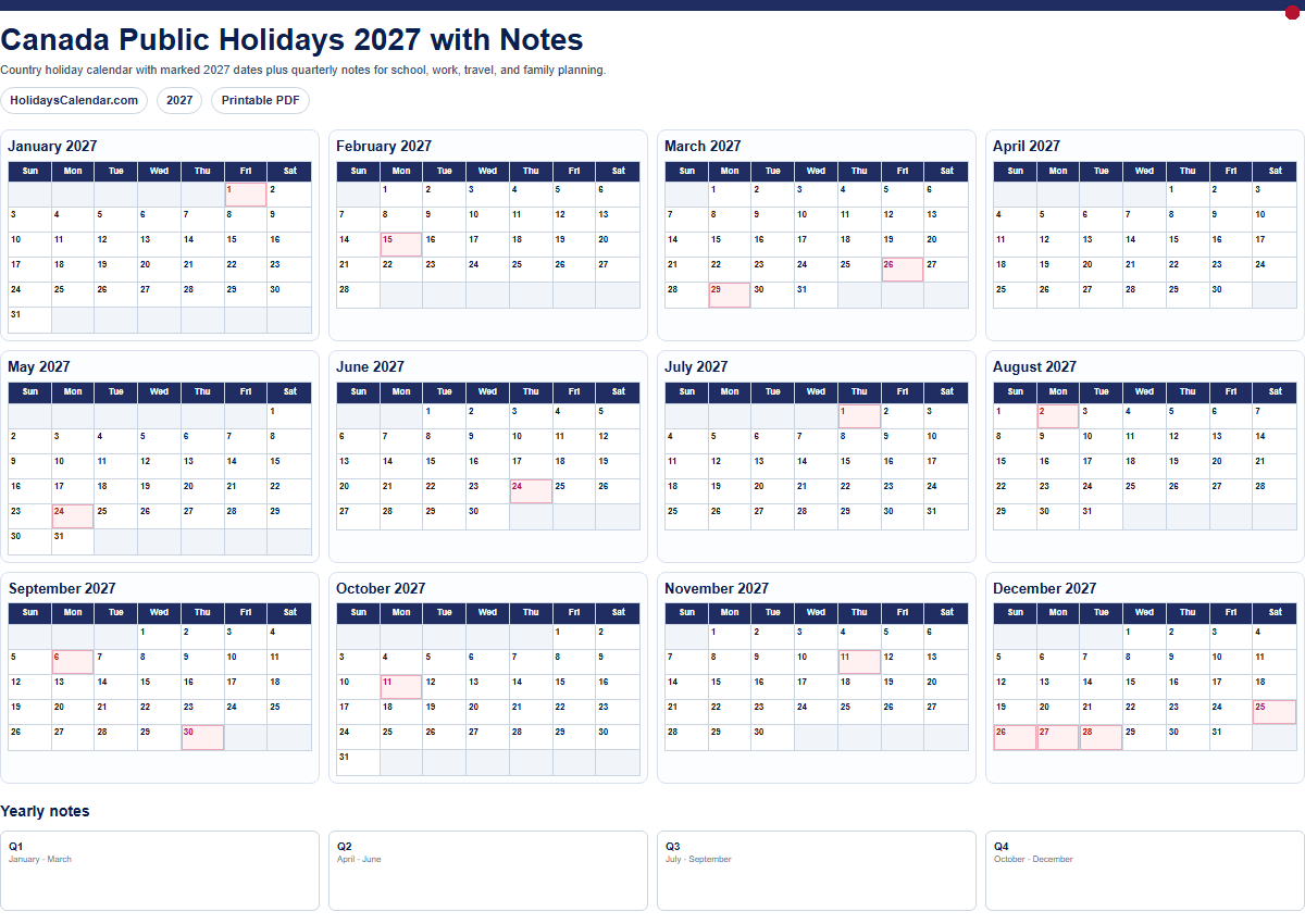 Canada Public Holidays 2027 with notes PDF preview