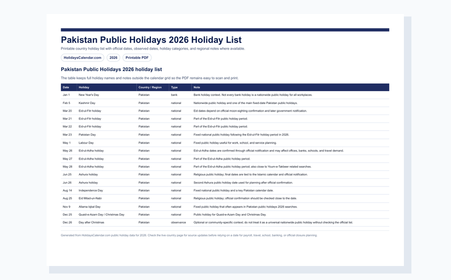 Pakistan Public Holidays 2026 holiday list PDF preview
