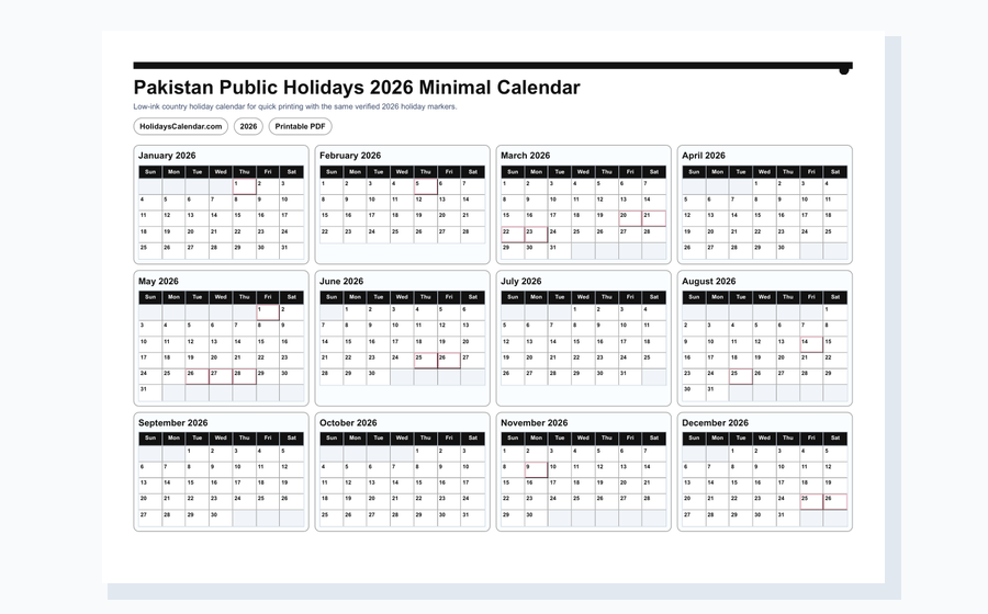 Pakistan Public Holidays 2026 minimal calendar PDF preview