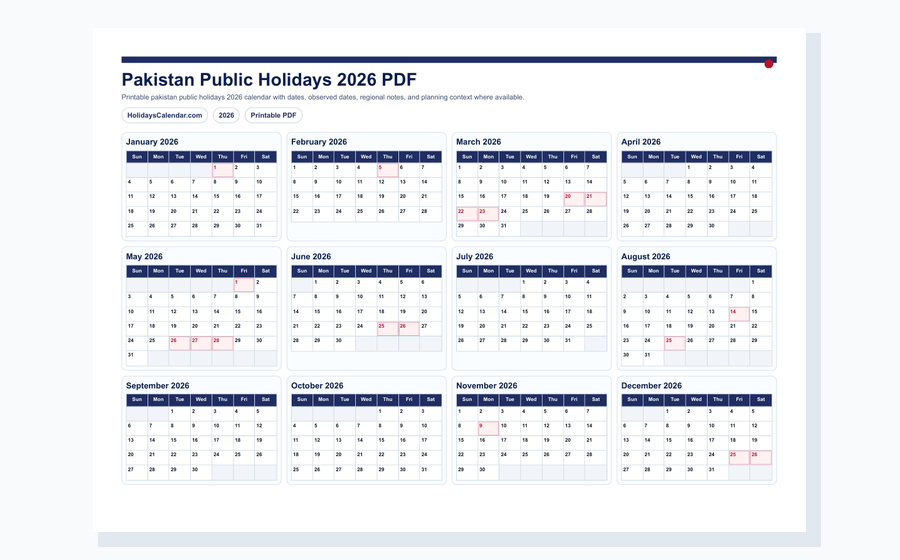 Pakistan Public Holidays 2026 PDF preview