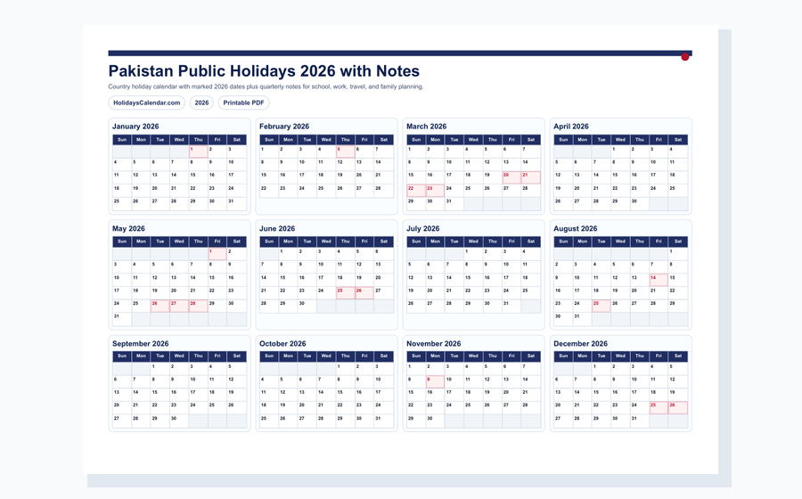 Pakistan Public Holidays 2026 with notes PDF preview