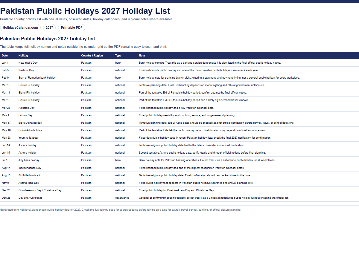 Pakistan Public Holidays 2027 holiday list PDF preview