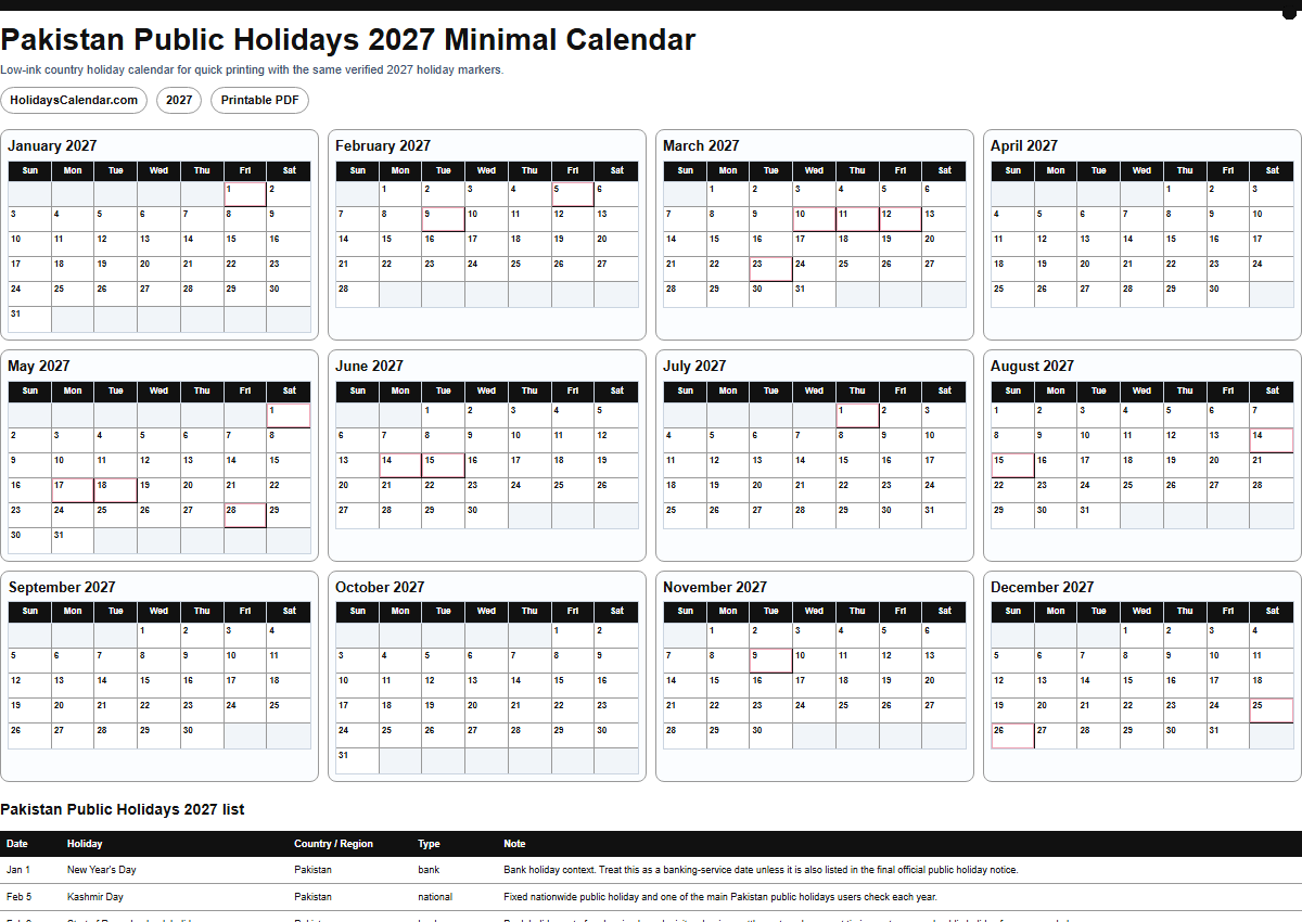 Pakistan Public Holidays 2027 minimal calendar PDF preview