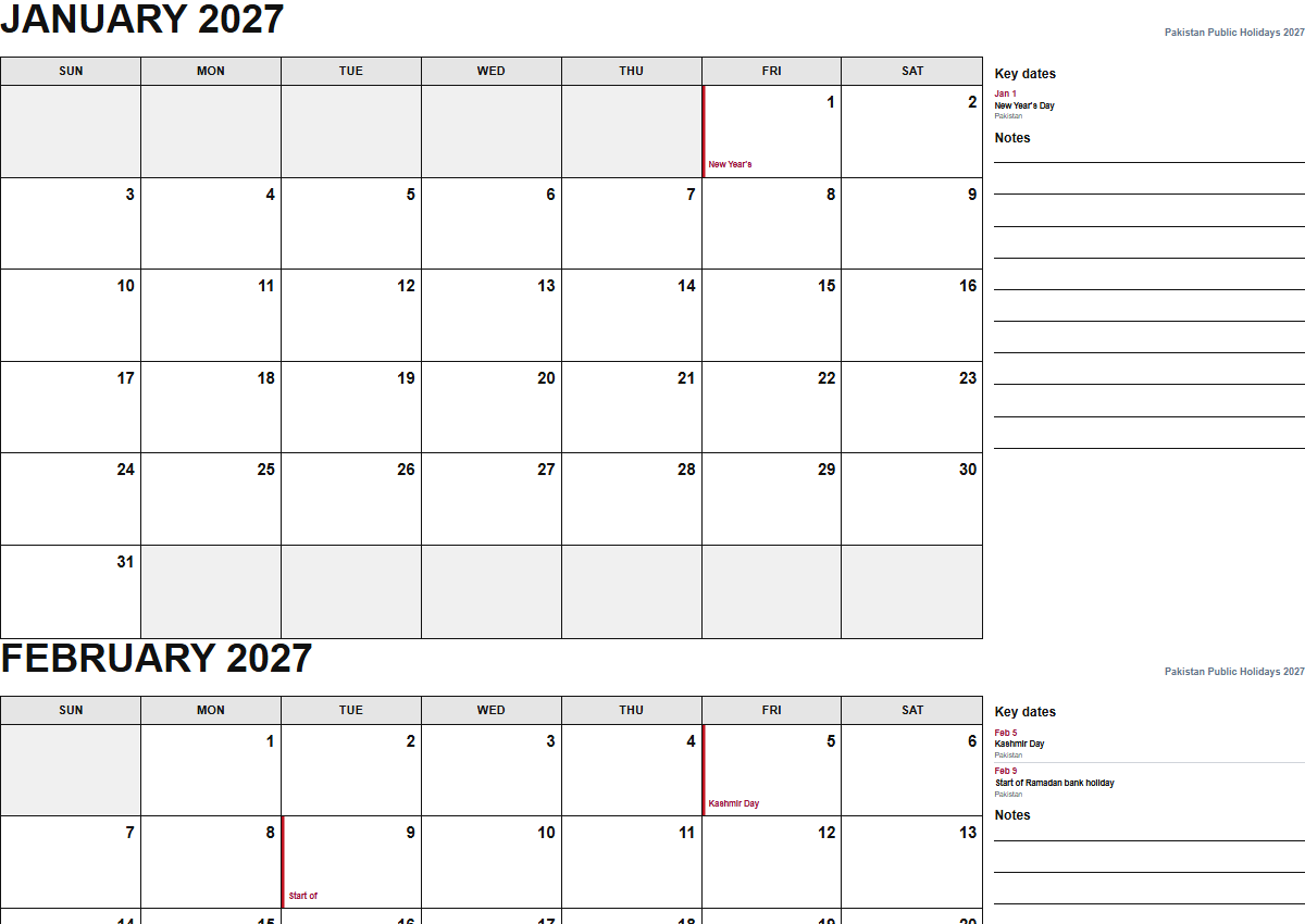 Pakistan 2027 monthly planner calendar PDF preview
