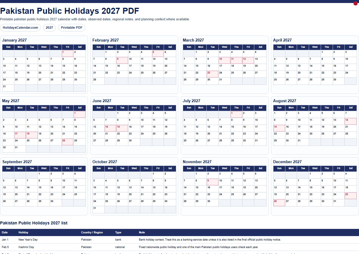 Pakistan Public Holidays 2027 PDF preview