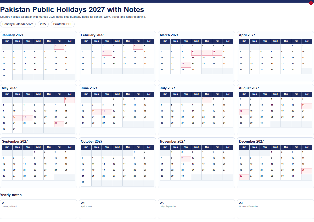 Pakistan Public Holidays 2027 with notes PDF preview