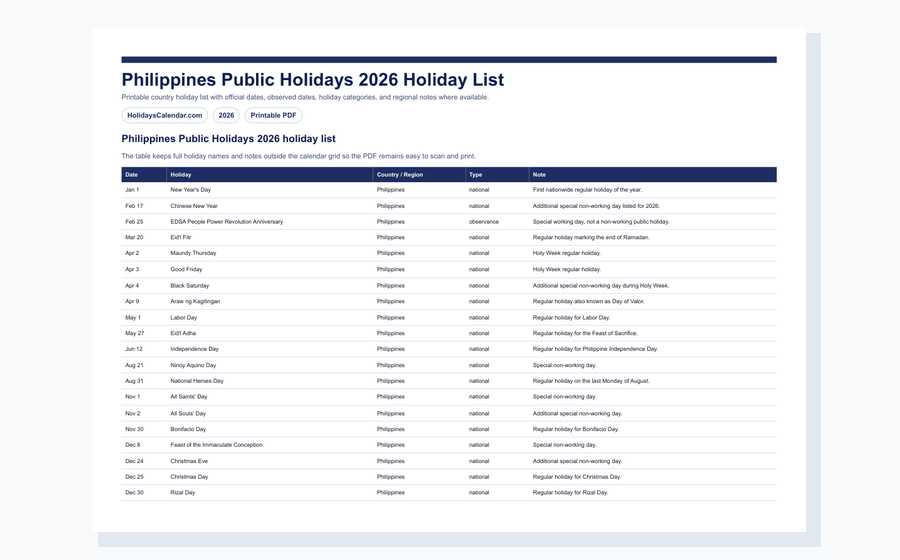 Philippines Public Holidays 2026 holiday list PDF preview