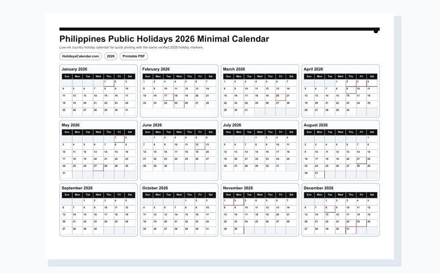 Philippines Public Holidays 2026 minimal calendar PDF preview
