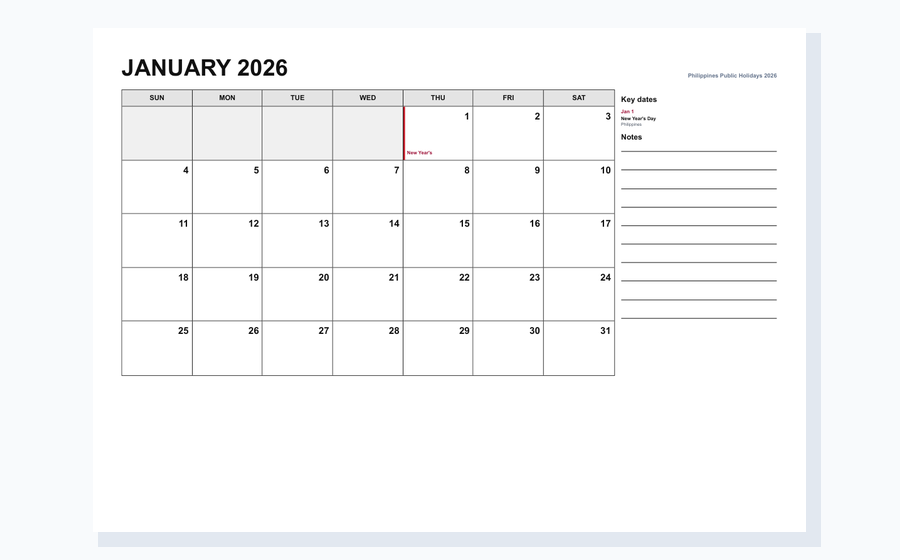 Philippines 2026 monthly planner calendar PDF preview
