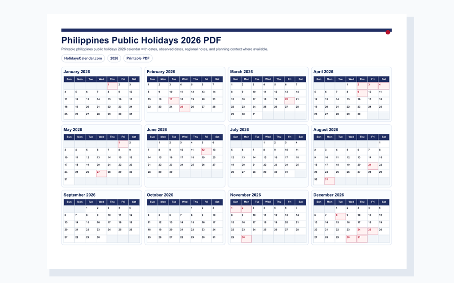 Philippines Public Holidays 2026 PDF preview