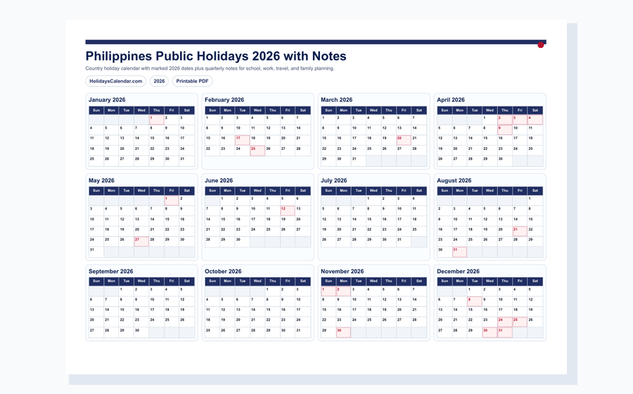 Philippines Public Holidays 2026 with notes PDF preview
