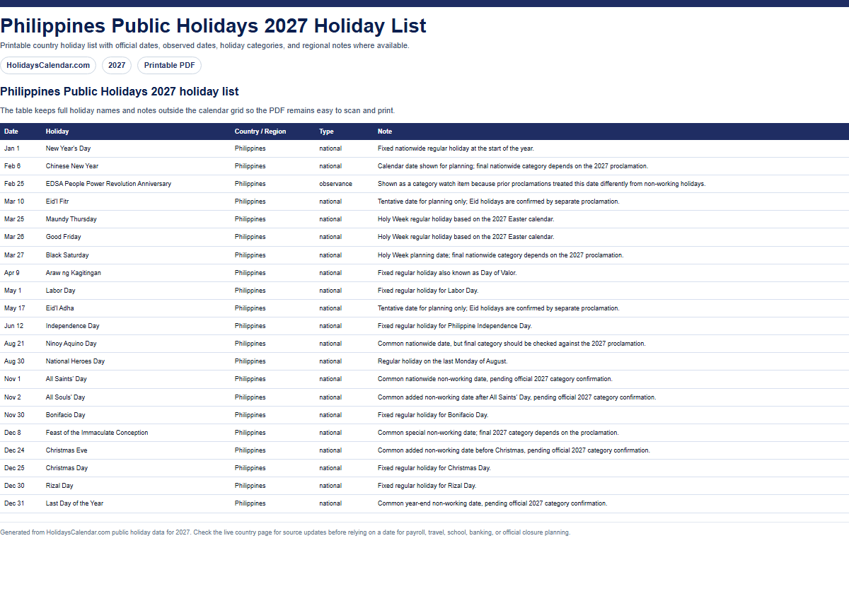Philippines Public Holidays 2027 holiday list PDF preview