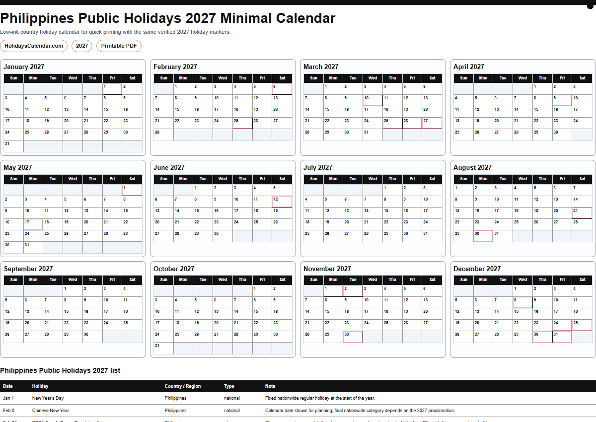 Philippines Public Holidays 2027 minimal calendar PDF preview