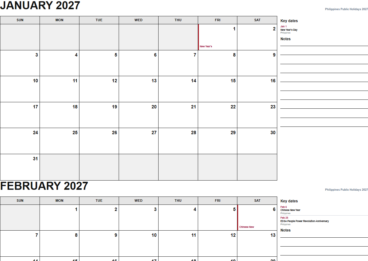 Philippines 2027 monthly planner calendar PDF preview