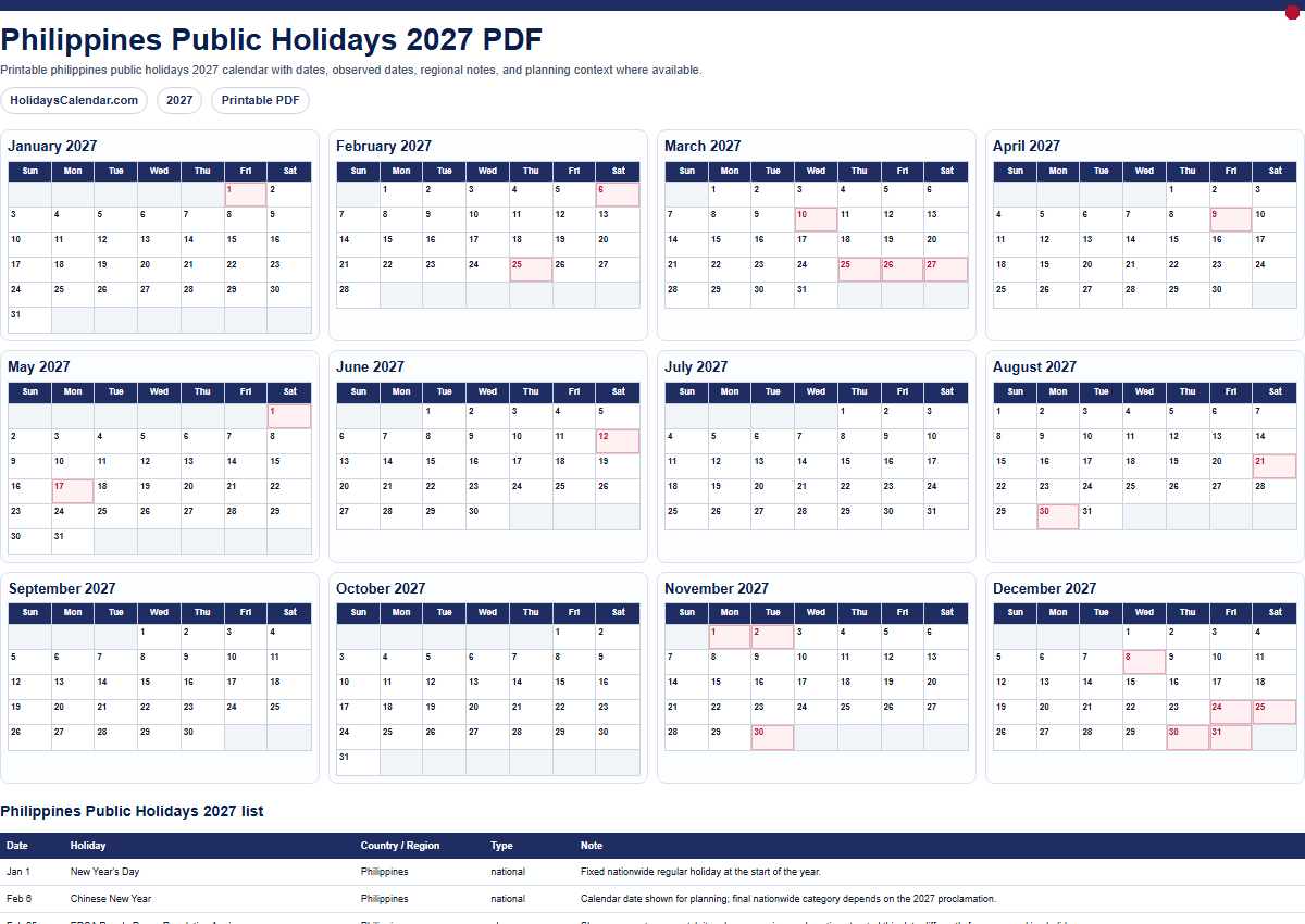 Philippines Public Holidays 2027 PDF preview