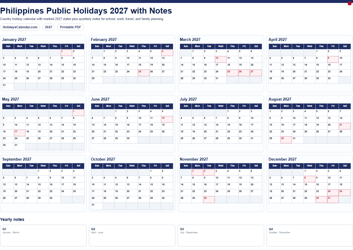 Philippines Public Holidays 2027 with notes PDF preview