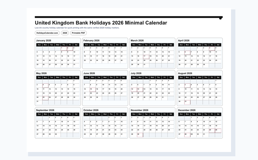 United Kingdom Bank Holidays 2026 minimal calendar PDF preview