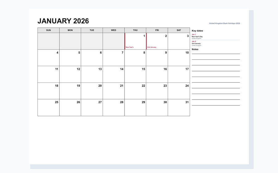 United Kingdom 2026 monthly planner calendar PDF preview