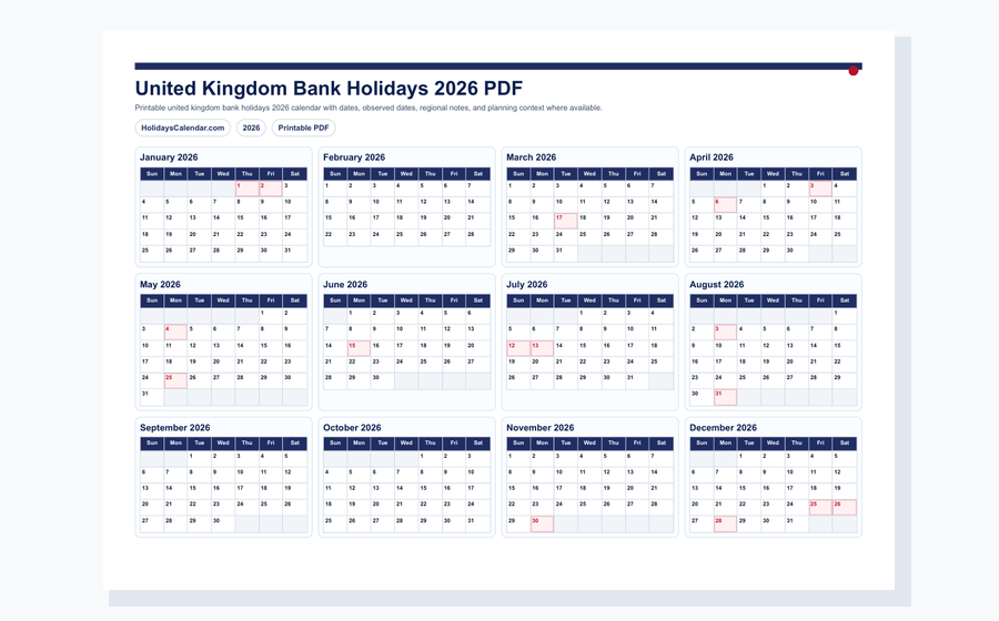 United Kingdom Bank Holidays 2026 PDF preview