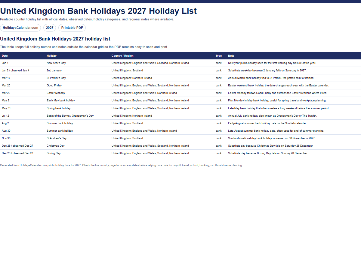 United Kingdom Bank Holidays 2027 holiday list PDF preview