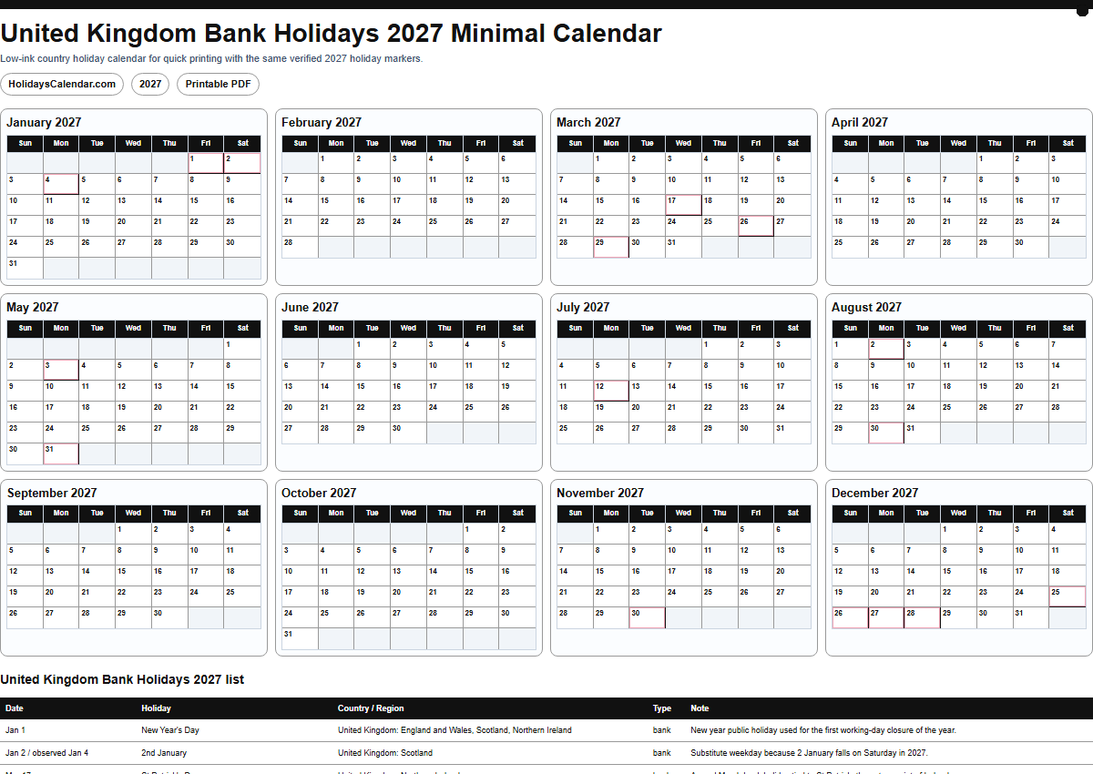 United Kingdom Bank Holidays 2027 minimal calendar PDF preview