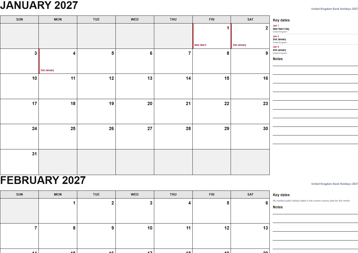 United Kingdom 2027 monthly planner calendar PDF preview