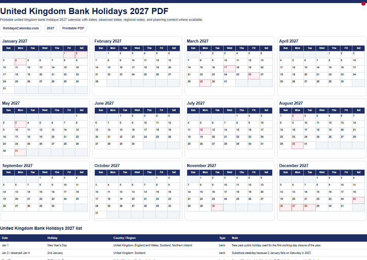 United Kingdom Bank Holidays 2027 PDF preview