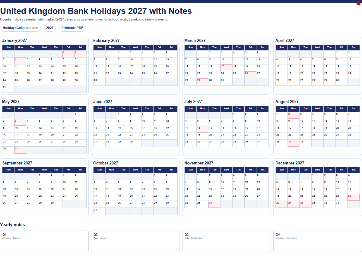 United Kingdom Bank Holidays 2027 with notes PDF preview