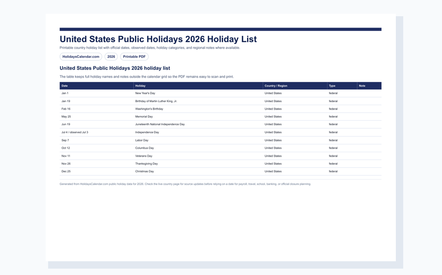 United States Public Holidays 2026 holiday list PDF preview