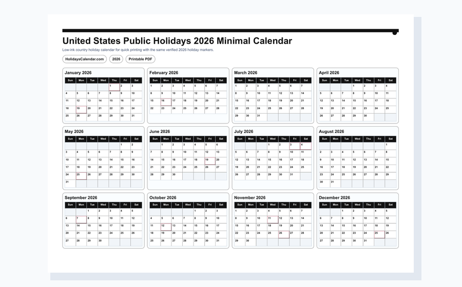 United States Public Holidays 2026 minimal calendar PDF preview
