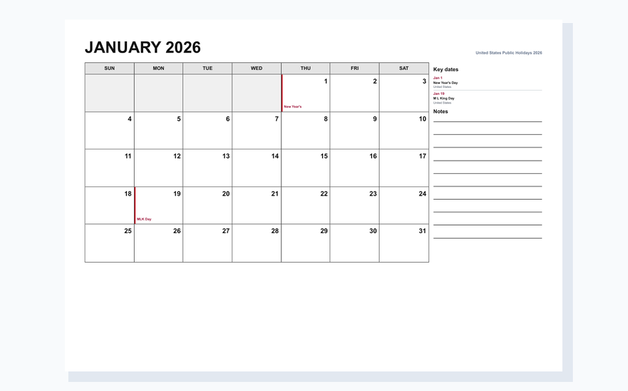 United States 2026 monthly planner calendar PDF preview