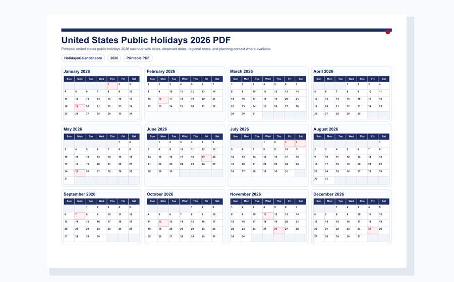 United States Public Holidays 2026 PDF preview