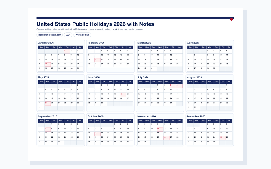 United States Public Holidays 2026 with notes PDF preview