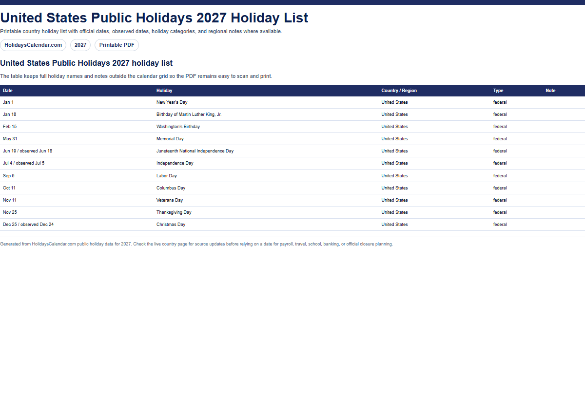 United States Public Holidays 2027 holiday list PDF preview