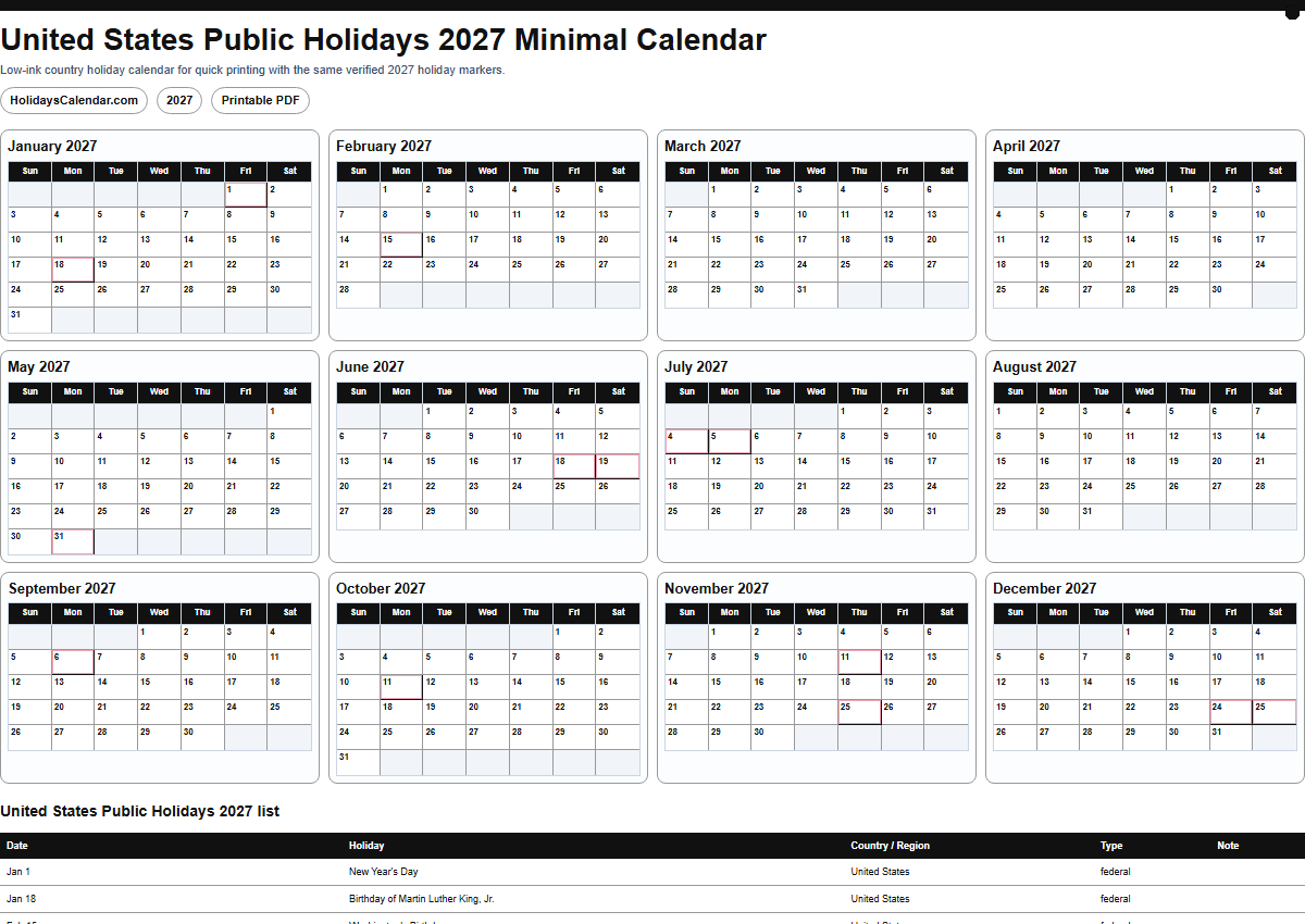 United States Public Holidays 2027 minimal calendar PDF preview