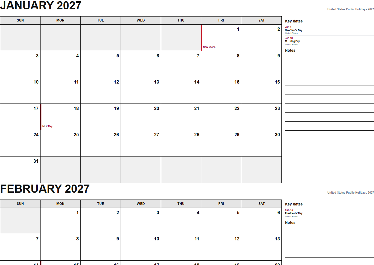 United States 2027 monthly planner calendar PDF preview