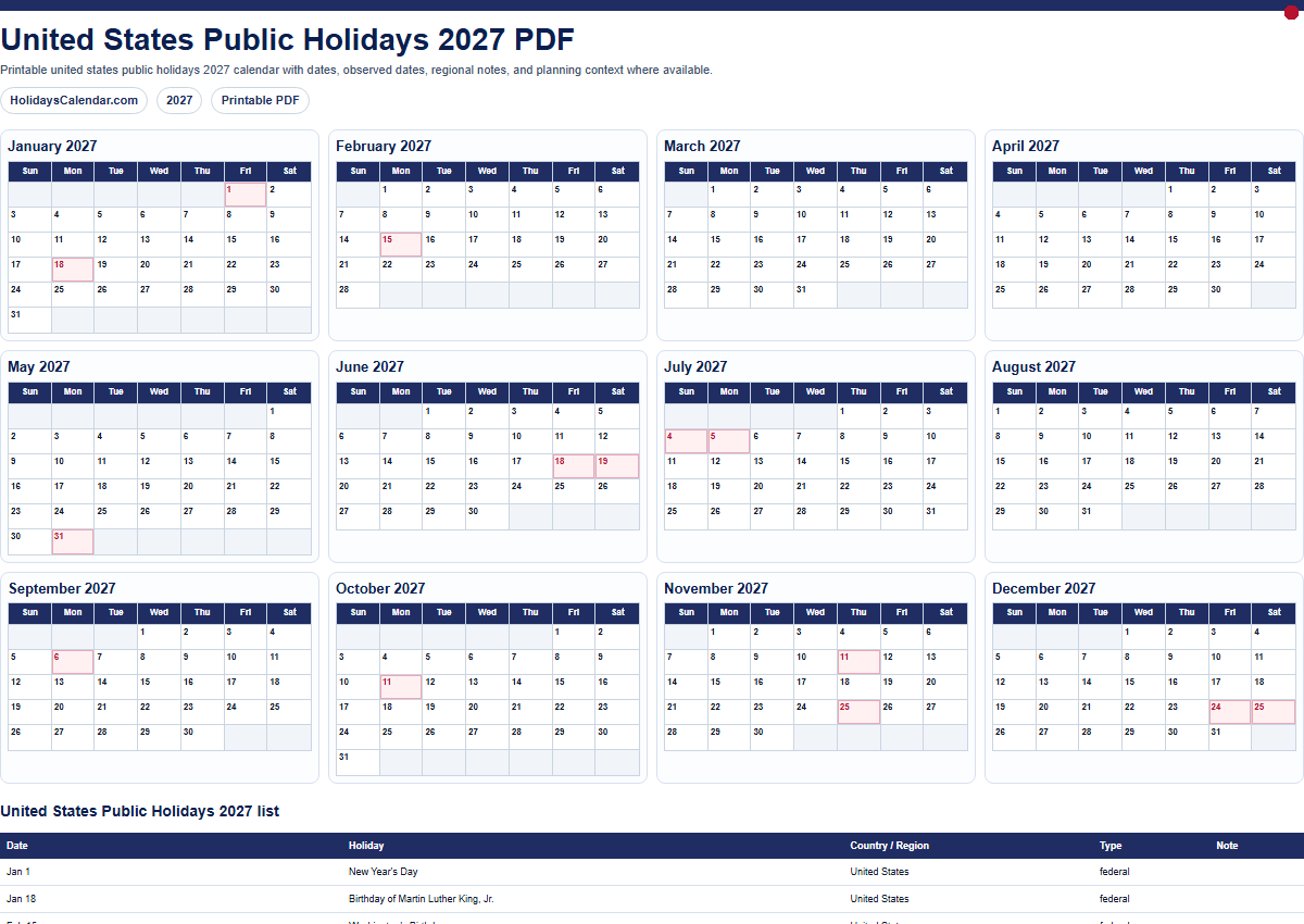 United States Public Holidays 2027 PDF preview
