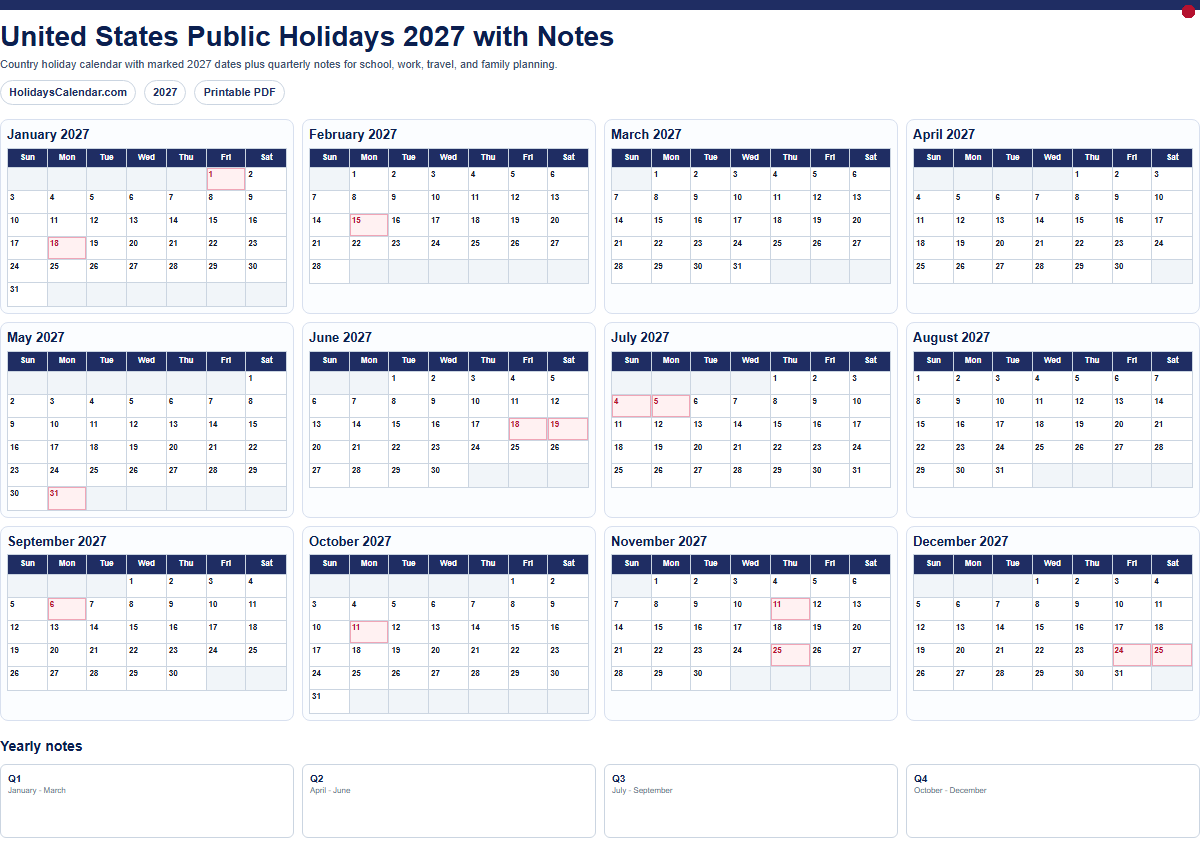 United States Public Holidays 2027 with notes PDF preview