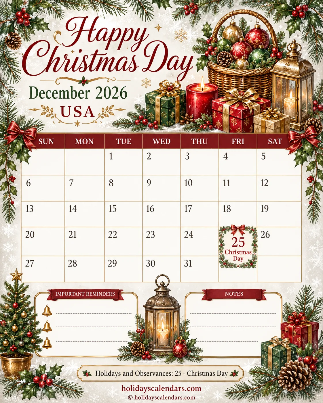 Happy Christmas Day 2026 calendar image for Friday December 25 in the United States